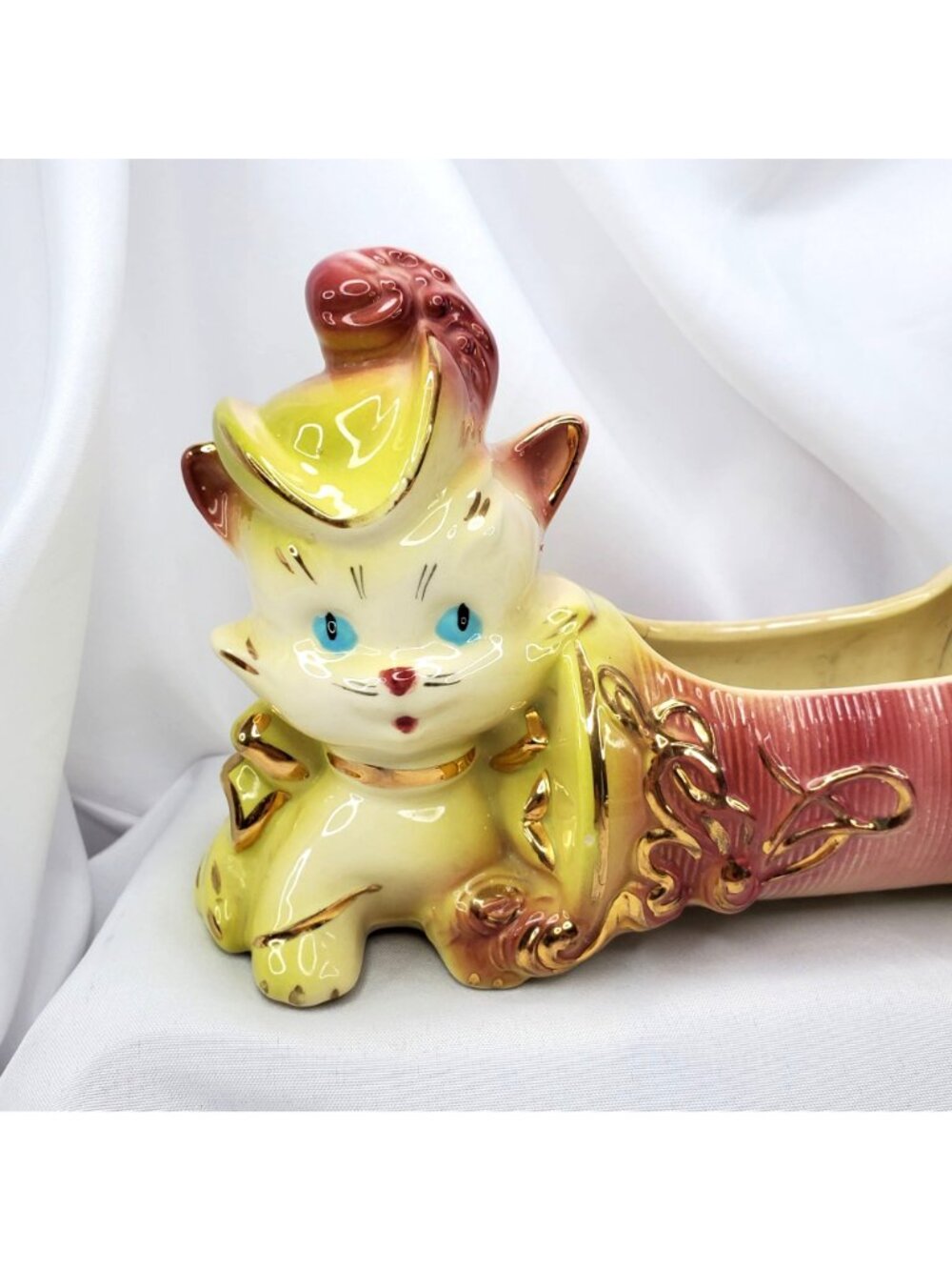 VTG Hull Pottery USA Ceramic Cat Figurine Planter 89 Pink & Yellow Gold Accents - Picture 4 of 15